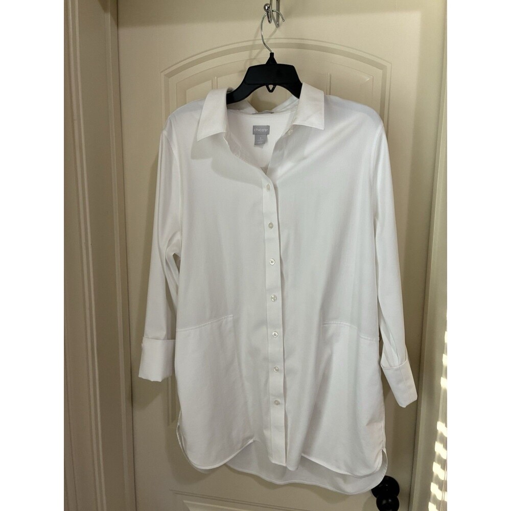 CHICOS No Iron White Button Up Shirt Tunic Size 3 (16/18)